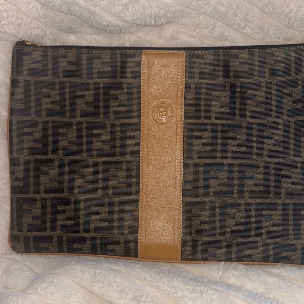 Fendi Brown Monogram Toiletry Pouch with Tan Leather Center Stripe
